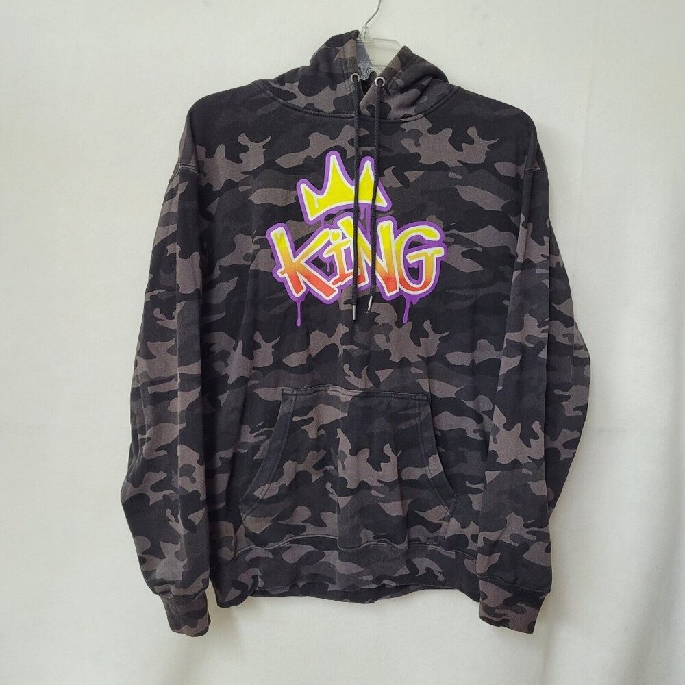 Zuni Sweatshirt Mens L Grey Camo Hoodie King Crown Logo Kangaroo Pocket Hip‎ Hop